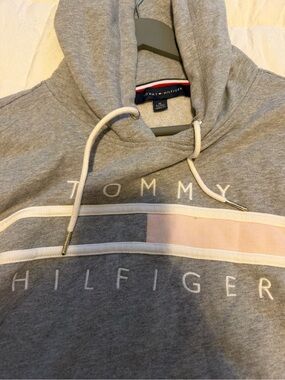Tommy Hilfiger Gray Hoodie with Pink and White Stripe Accent